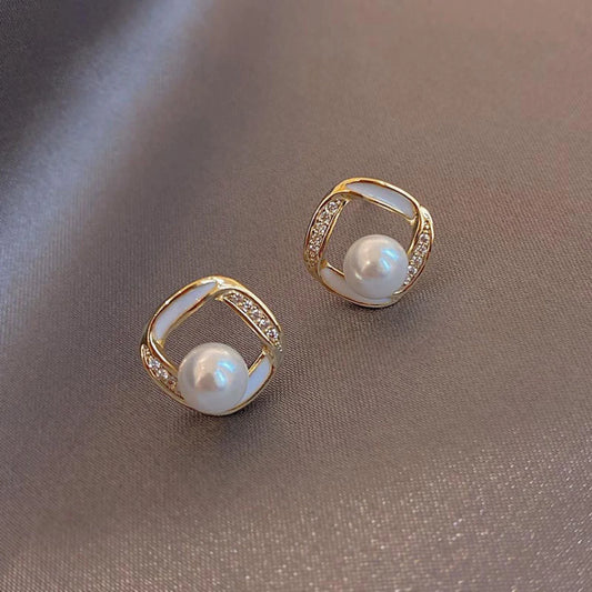 Sweet zircon circle mermaid pearl Korean earrings - KE482