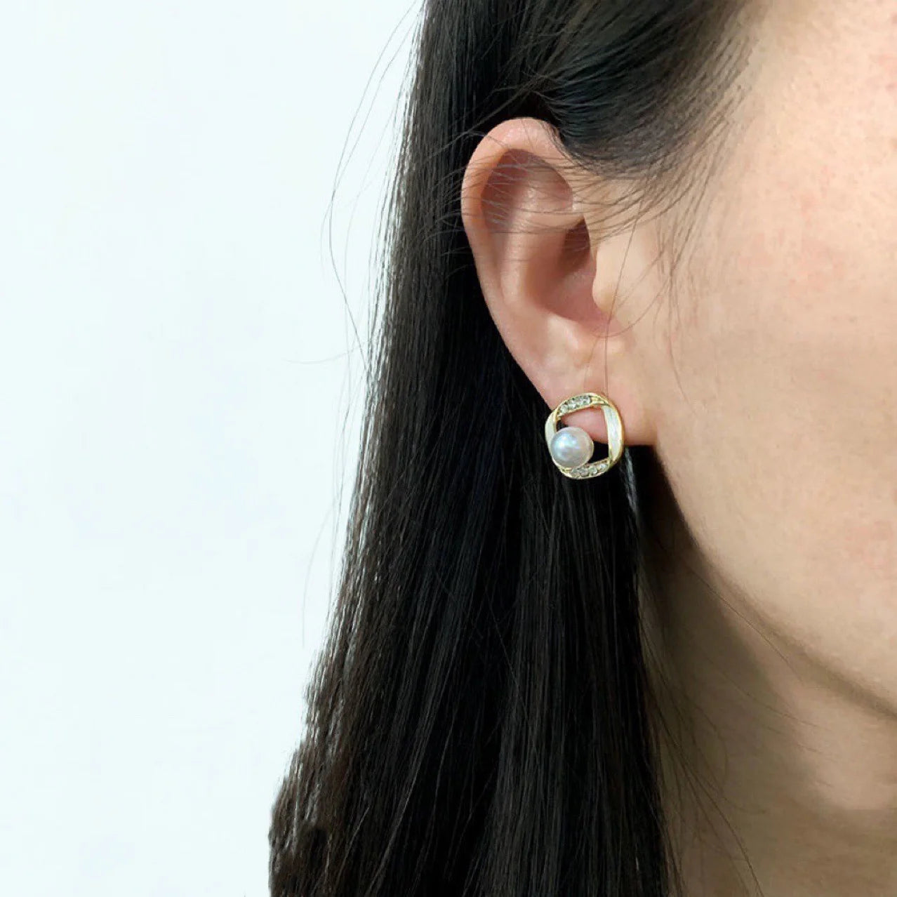 Sweet zircon circle mermaid pearl Korean earrings - KE482