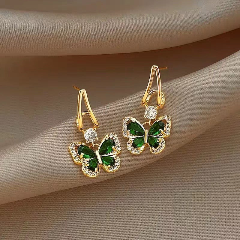 Green zirconium butterfly Korean earrings - KE487