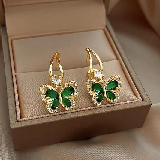 Green zirconium butterfly Korean earrings - KE487
