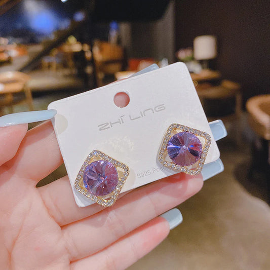 Purple - Japanese and Korean super fairy fresh crystal diamond earrings - KE494