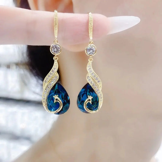 Blue - Peacock crystal Korean earrings - KE495