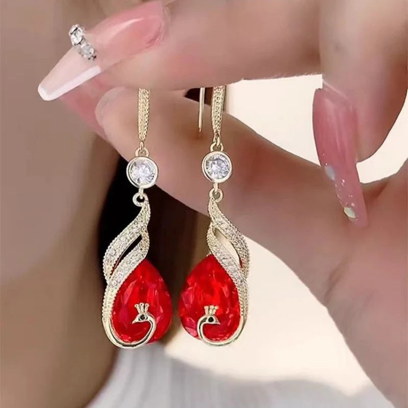 Red - Peacock crystal Korean earrings - KE496