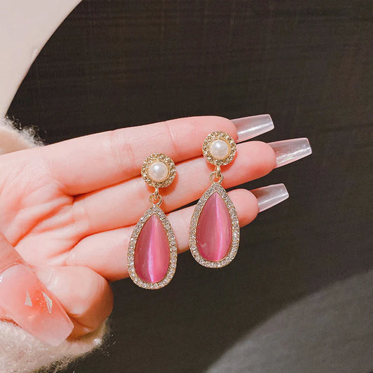 Pink Cat's eye diamond Korean earrings - KE499
