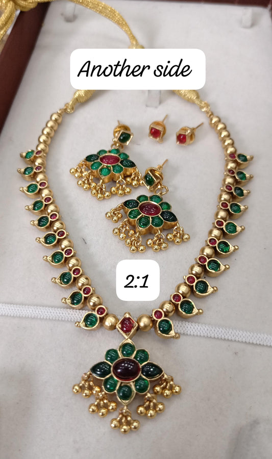 2 in 1 Kempu Stone Jewellery set with Earrings - SHTC1481