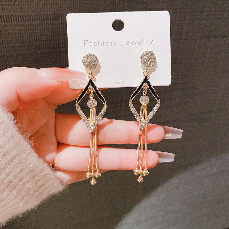 Korean Style Black tassel long earrings - KE516