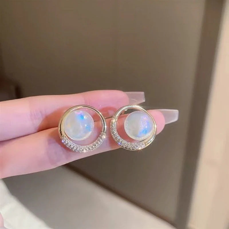 Sweet zircon circle mermaid pearl Korean earrings - KE500