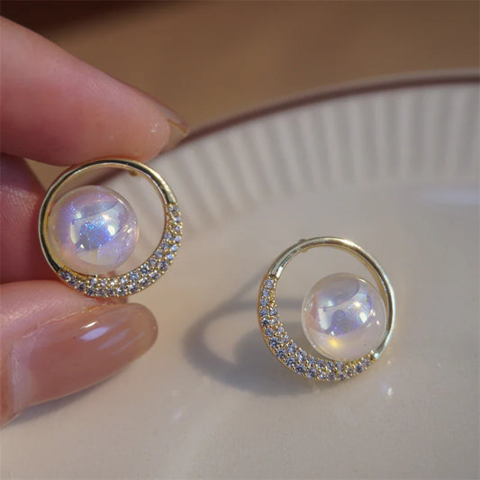 Sweet zircon circle mermaid pearl Korean earrings - KE500