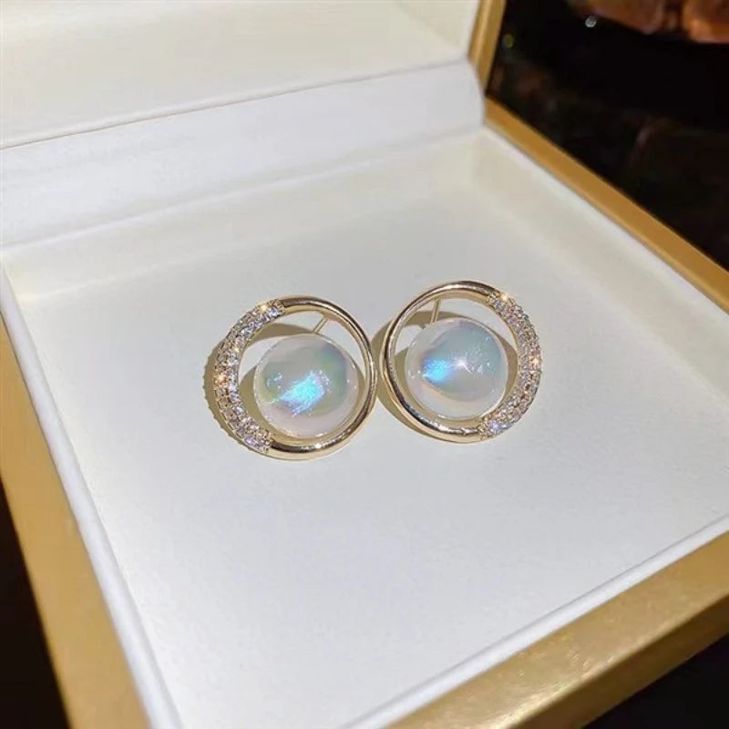 Sweet zircon circle mermaid pearl Korean earrings - KE500