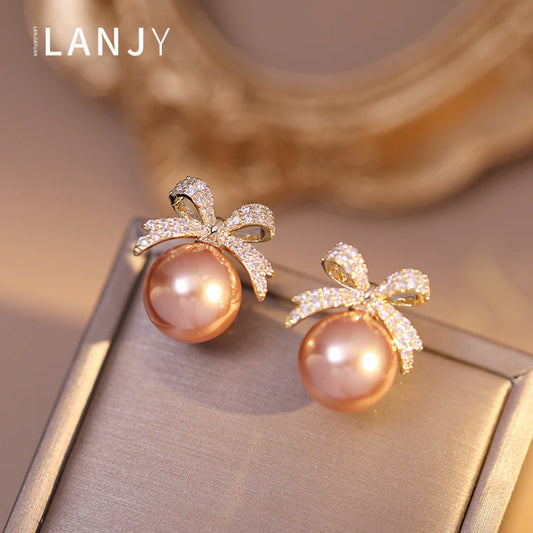 Bowknot Diamond  Korean Earrings - Pink - KE503