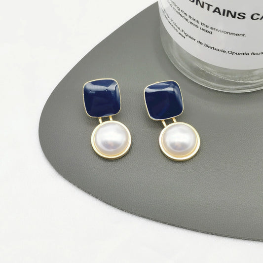 Blue square pearl Korean earrings - KE507