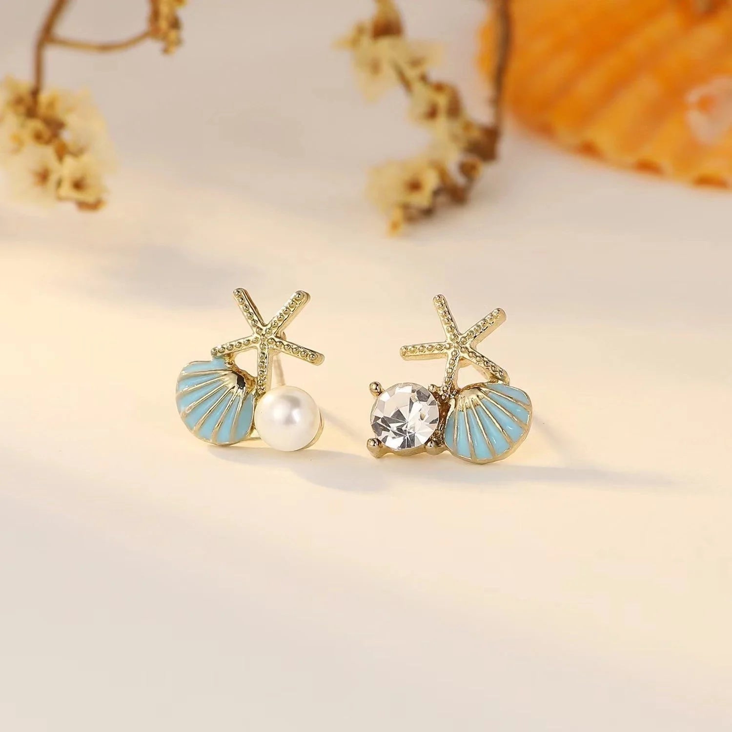 Starfish shell dream Korean earrings - Blue - KE557