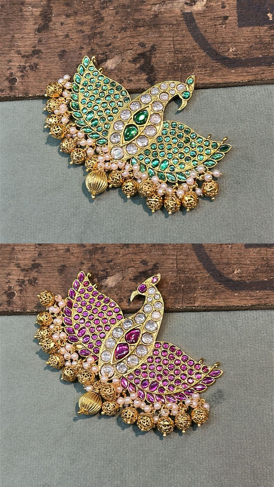 2 in 1 Reversible Peacock Pendant with kadav and Kundan Stones (Pink & Green) - SHTC1793