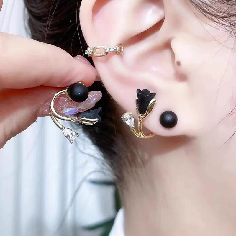 Black Tulip Flower Earrings - KE558