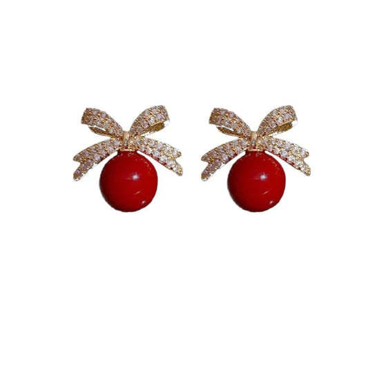Red Pearl Bow Studs - KE560