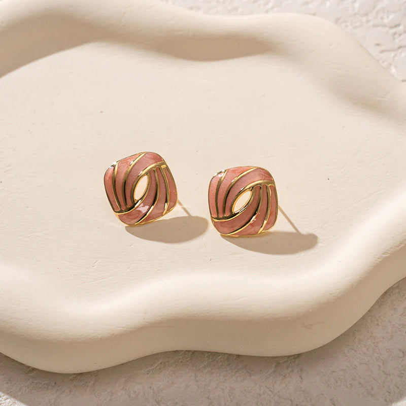 Anti-tarnish Colourful Oil Drop Stainless Steel Square Korean Earrings - Pink - KE563