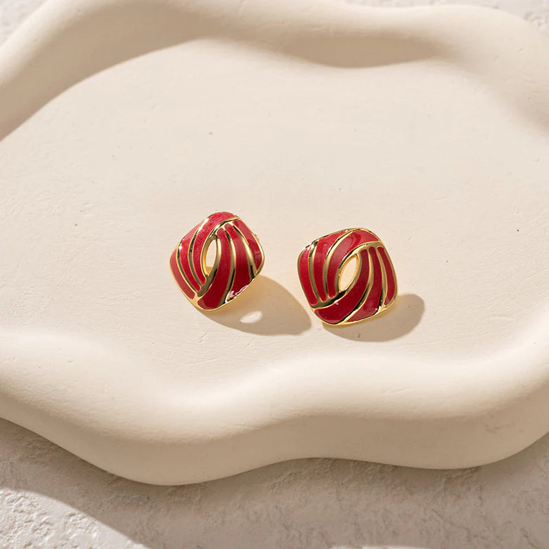 Anti-tarnish Colourful Oil Drop Stainless Steel Square Korean Earrings - Red - KE564
