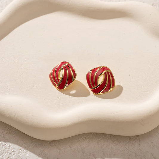 Anti-tarnish Colourful Oil Drop Stainless Steel Square Korean Earrings - Red - KE564