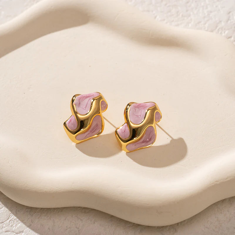 Anti-tarnish Colorful Oil Drop Stainless Steel Irregular Korean Earrings - Pink - KE565
