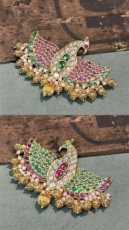 2 in 1 Reversible Peacock Pendant with Jadav and Kundan Stones (Multicolor) - SHTC1794 (Copy)