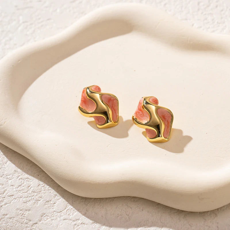 Anti-tarnish Colorful Oil Drop Stainless Steel Irregular Korean Earrings - Orange - KE566