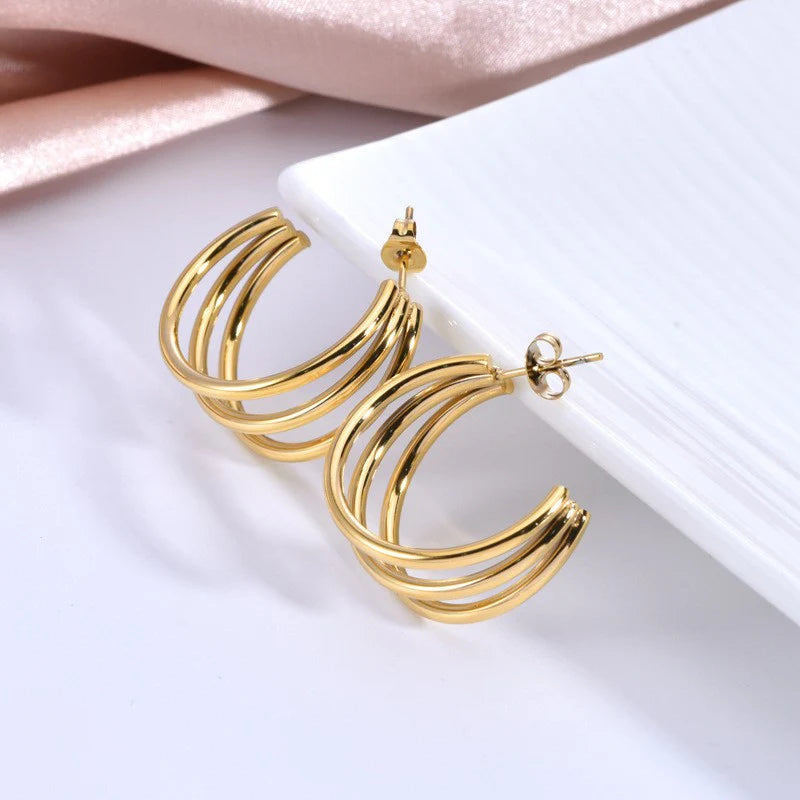 Anti tarnish Trendy Three-layer C- shaped Hollow Round Tube Korean Earrings - KE568