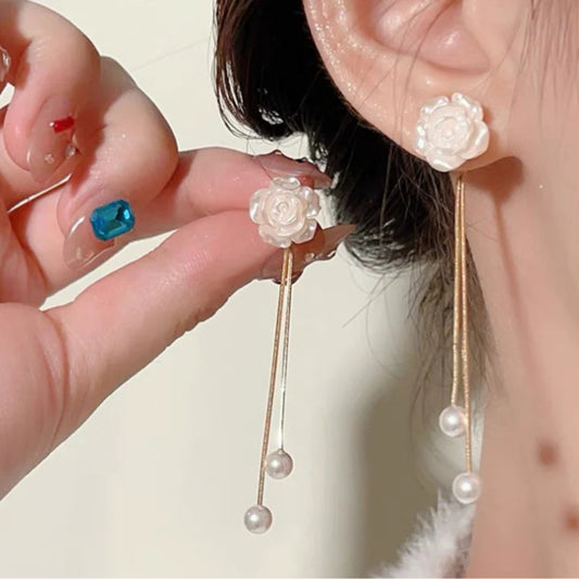 White Camellia Tassel Korean Earrings - KE577