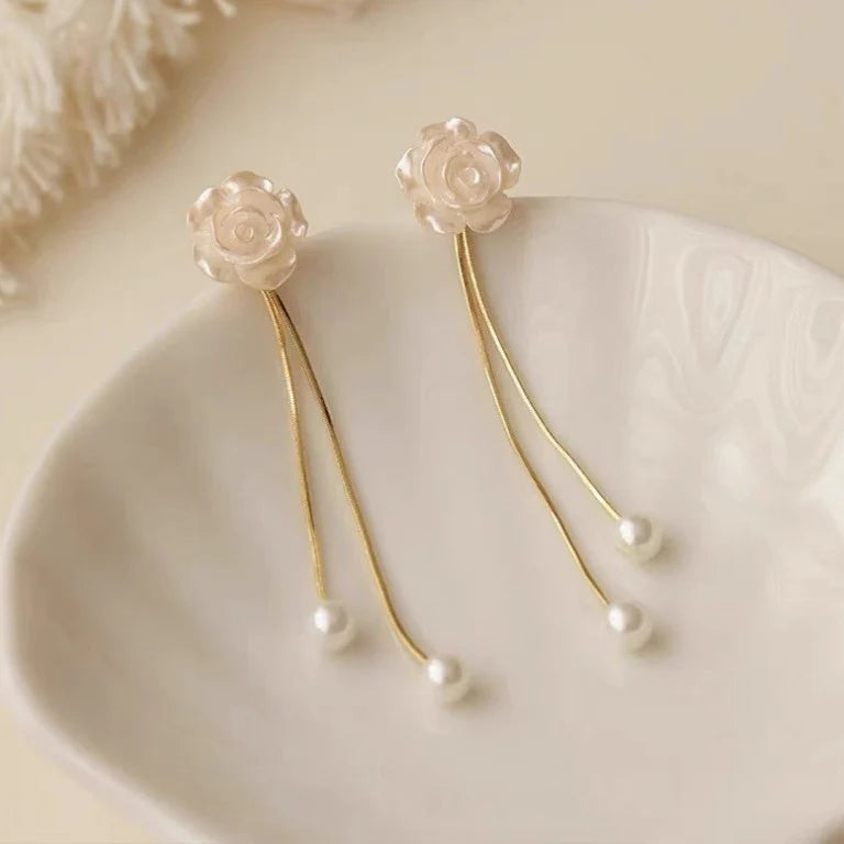 White Camellia Tassel Korean Earrings - KE577