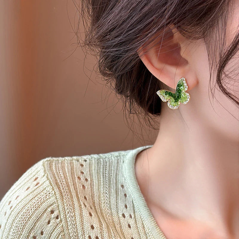 Gradient Green Crystal Stone Edged Diamond Korean Earrings - KE582
