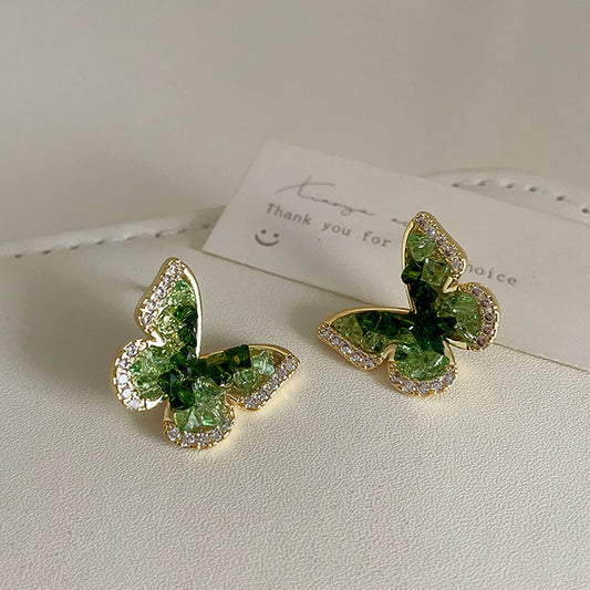 Gradient Green Crystal Stone Edged Diamond Korean Earrings - KE582