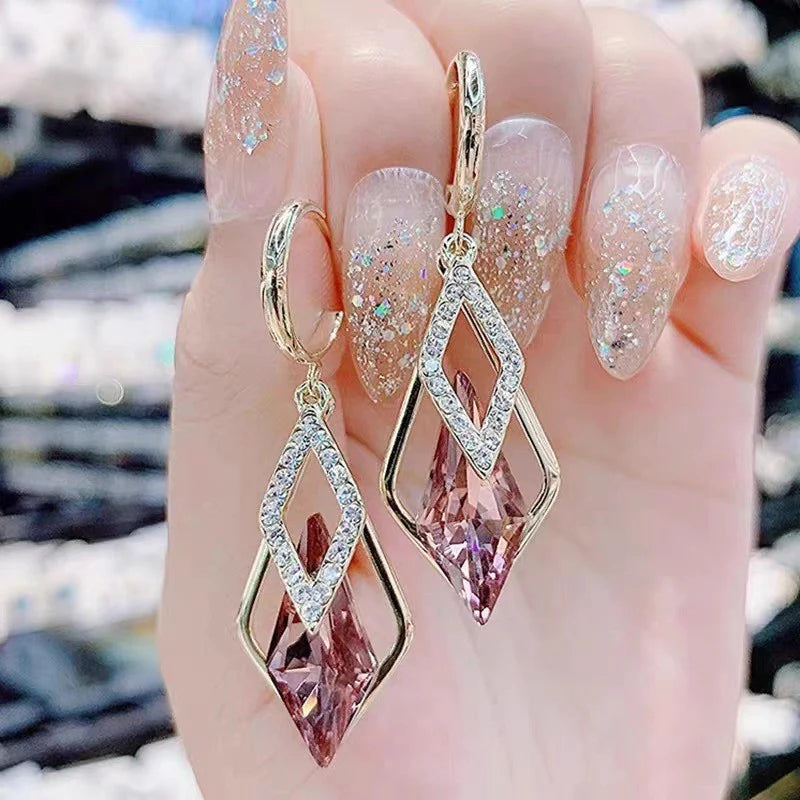 Korean Super Flash Geometric Rhombus Diamond Earrings - KE583