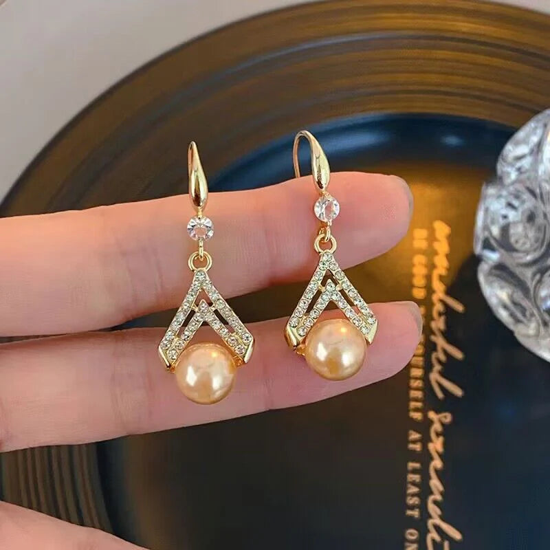 Korean Champagne Pearl Ear Hook Earrings - KE591