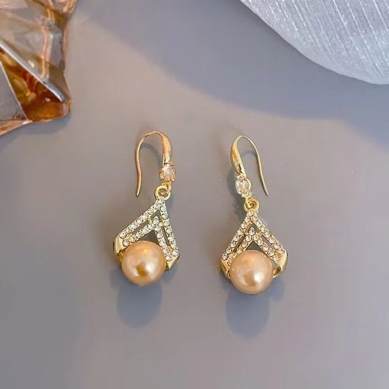 Korean Champagne Pearl Ear Hook Earrings - KE591