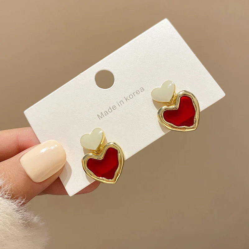 Korean Retro Red Heart Earrings - KE592