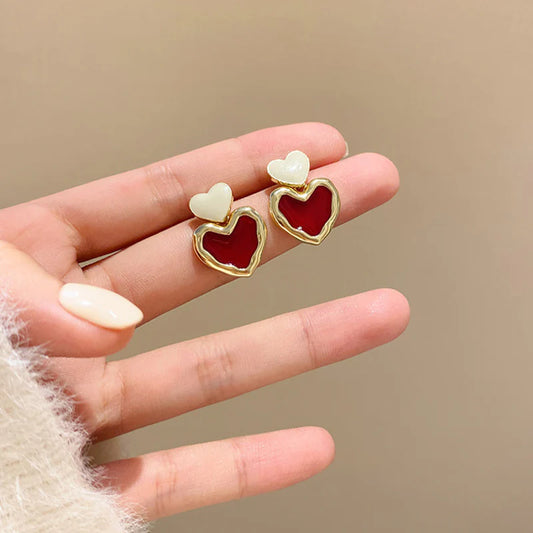 Korean Retro Red Heart Earrings - KE592