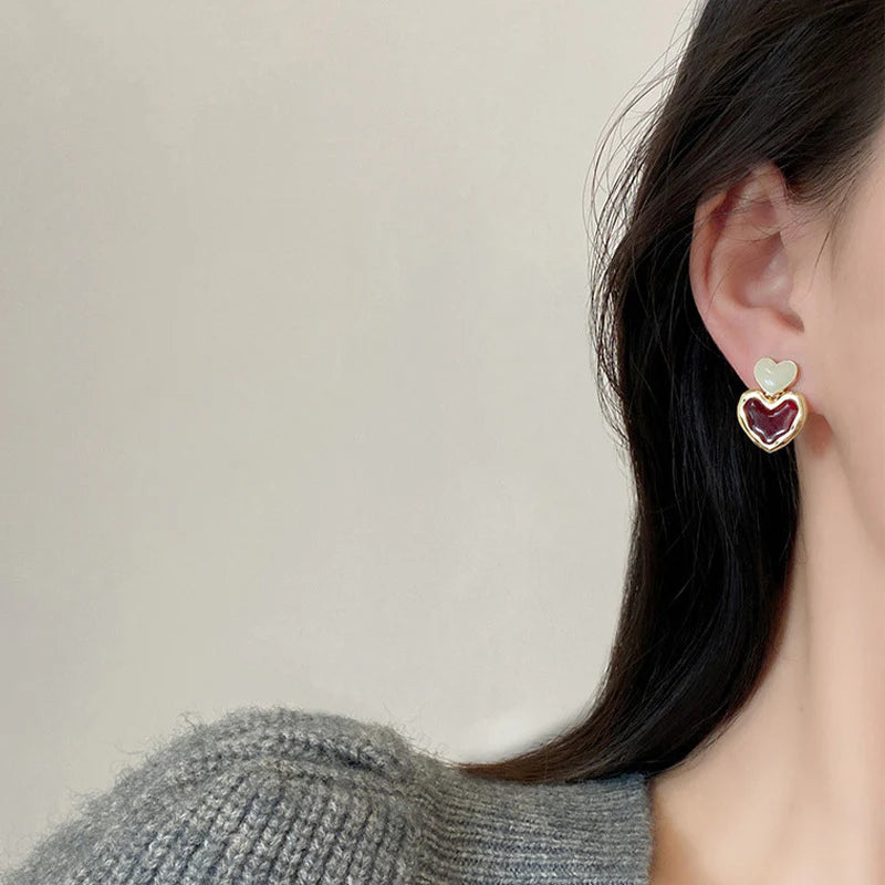 Korean Retro Red Heart Earrings - KE592