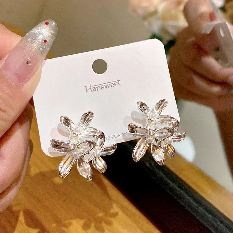 Korean Style Exaggerated Flower Earrings - Silver - KE599