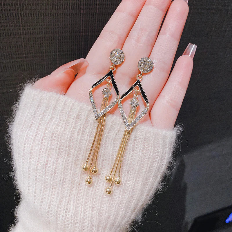 Korean Style Black tassel long earrings - KE516