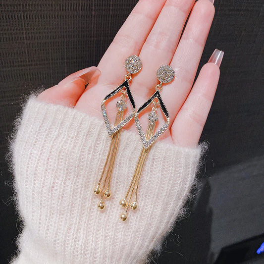 Korean Style Black tassel long earrings - KE516