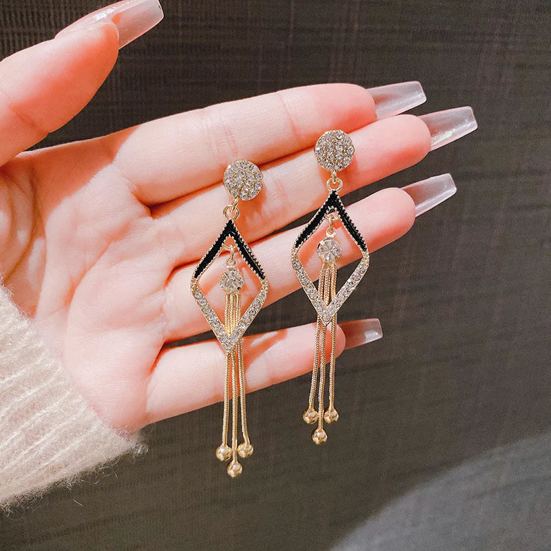Korean Style Black tassel long earrings - KE516
