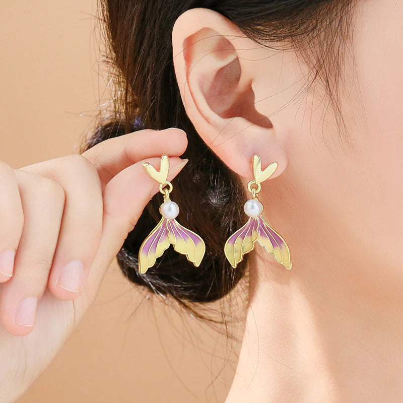 Korean Heart-Shaped Pearl Purple Gradient Fishtail Earrings - KE602