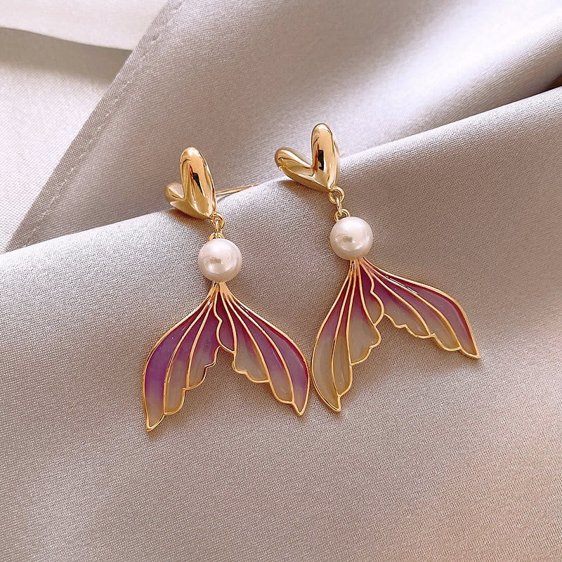 Korean Heart-Shaped Pearl Purple Gradient Fishtail Earrings - KE602