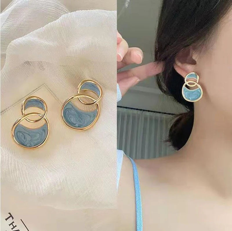 Double-Ring Drip Glaze Sea Blue Korean Earrings - KE603