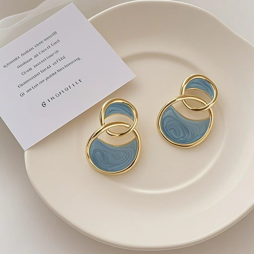 Double-Ring Drip Glaze Sea Blue Korean Earrings - KE603