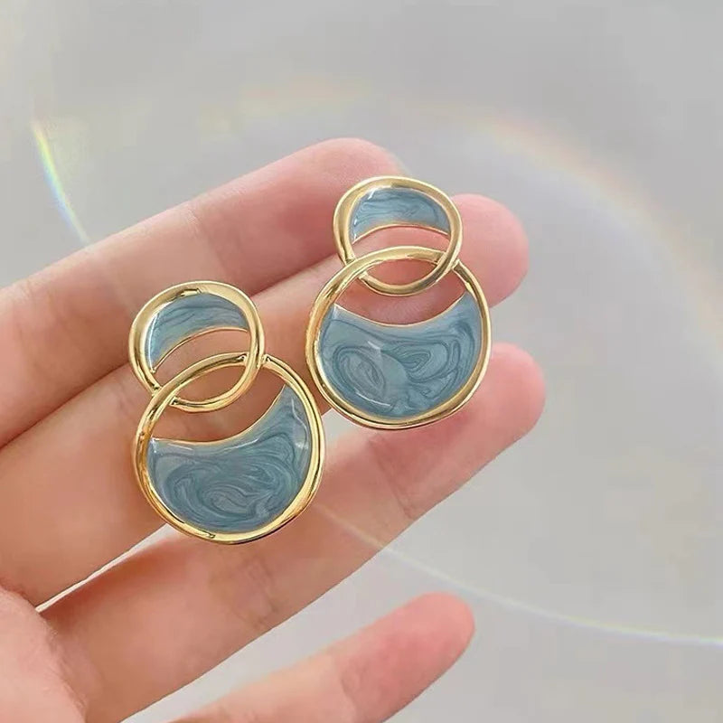 Double-Ring Drip Glaze Sea Blue Korean Earrings - KE603