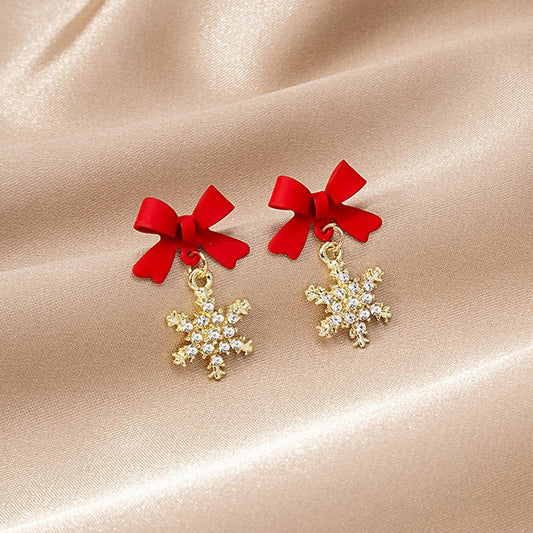 South Korea red bow snowflake earrings - KE605