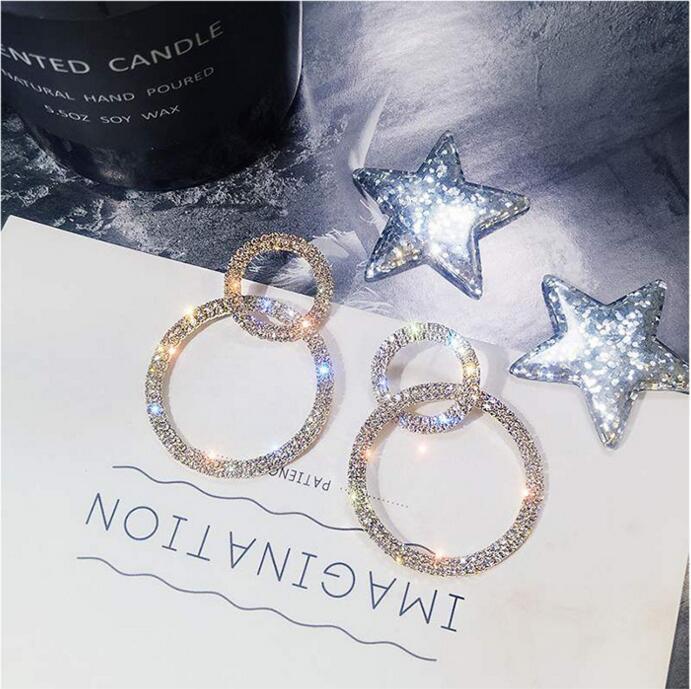 Large and Small Circle Rhinestone Long Earrings - Golden - KE611