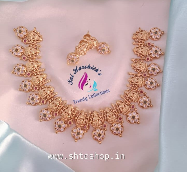 Matte Majesty: Lakshmi Necklace with Kempu Stones - SHTC672