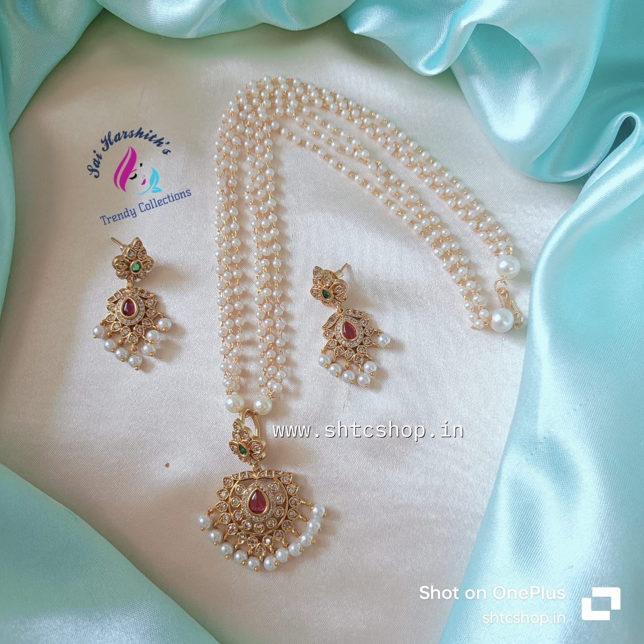 Cute 3 layer Pearl Chain with Kempu Pendant - SHTC739