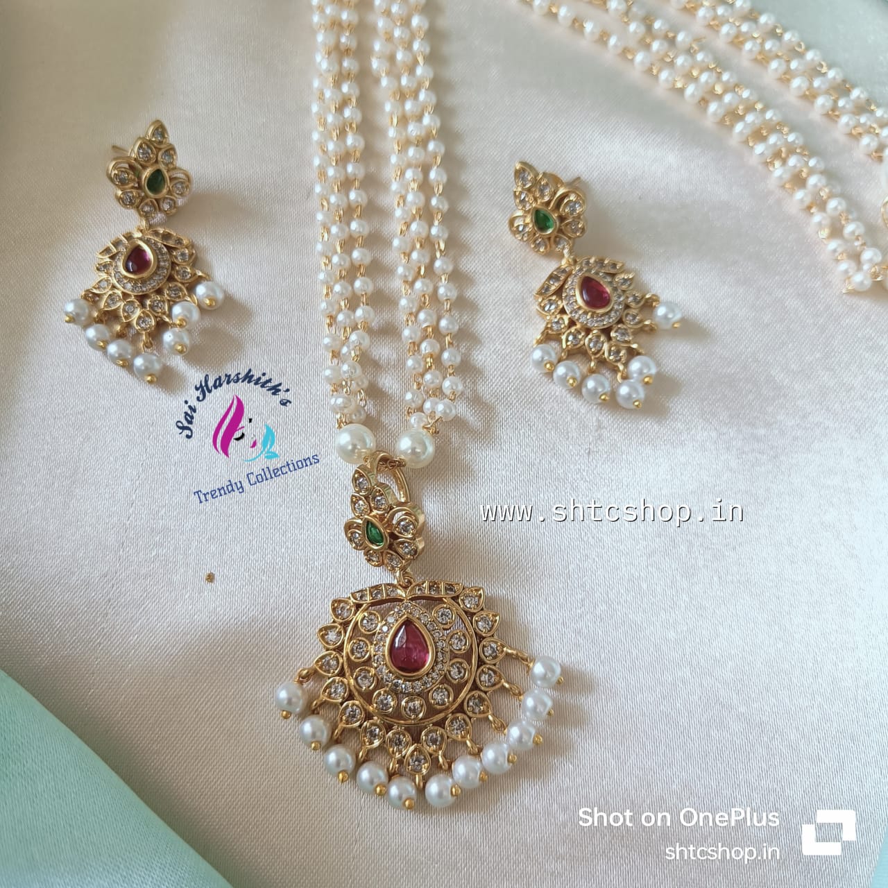 Cute 3 layer Pearl Chain with Kempu Pendant - SHTC739